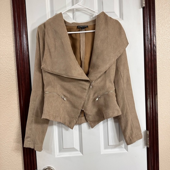 Rampage: Brown Faux Suede Asymmetrical Zipper Moto Jacket. Size S - Picture 1 of 7